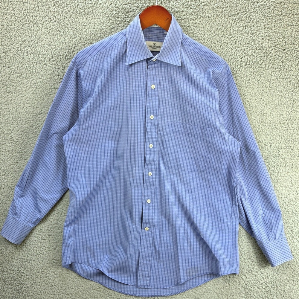 Valentino Uomo Grid Button Down Shirt Mens 15.5 32-33 Blue Plaid Italian